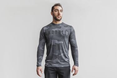 Nobull Men's Long Sleeves Grey Camo | Australia (IQ3720)